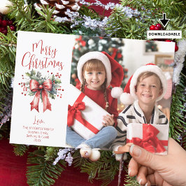 Tarjeta Festiva Moderna foto navideña guión Holly Bow