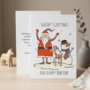 Tarjeta Festiva Moderna Línea Art Minimal Snowman Santa Reindeer