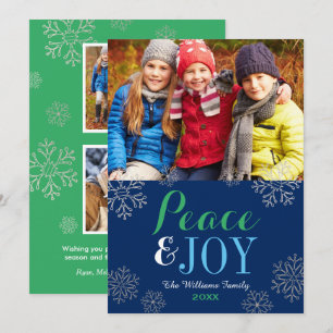 Tarjeta Festiva Moderna marina, paz verde y alegría. Foto de copo 