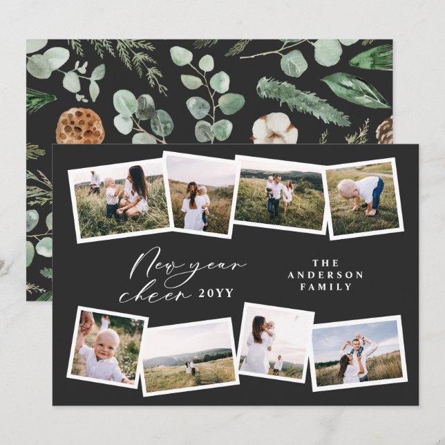 Tarjeta Festiva Moderna minimo 8 foto de la familia negra de año n (Anverso / Reverso)