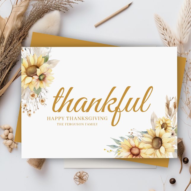Tarjeta Festiva Moderna Moda Mínima Agradecida Feliz Acción de Gra (elegant thankful watercolor flowers autumn fall thanksgiving cards with personalized message)
