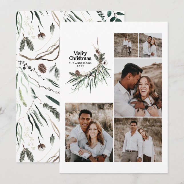 Tarjeta Festiva Moderna multifoto elegante acuarela botánica (Anverso / Reverso)