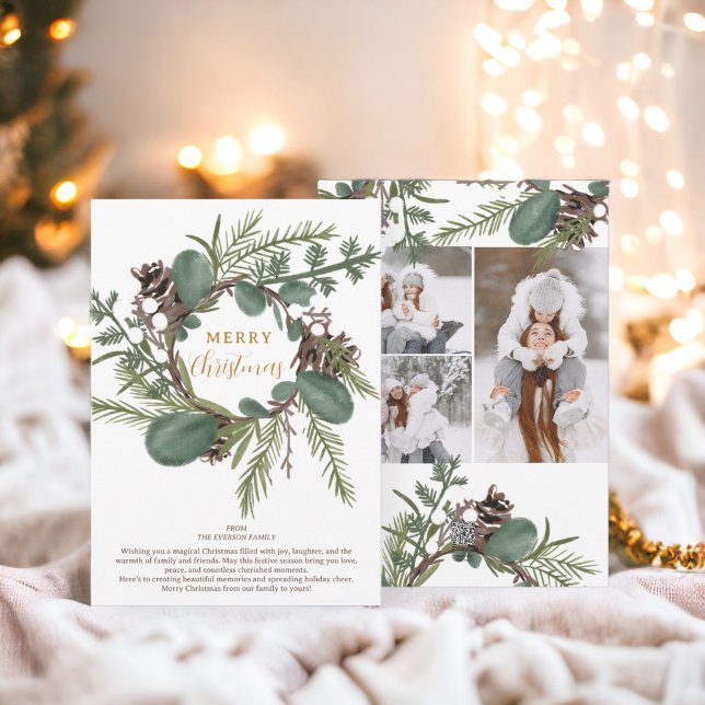 Tarjeta Festiva Moderna negrita Corona verde 3 Navidades de fotos (Modern Bold green wreath 3 photos Christmas Holiday Card)