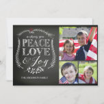 Tarjeta Festiva Moderna Peace Love Joy Chalkboard<br><div class="desc">Tablero de tiza contemporáneo 3 Navidades de fotografía Tarjeta fotográfica de vacaciones con una hermosa tipografía con letras a mano con el dicho "Te deseo paz amor y alegría adornado con flores de hojas dibujadas a mano.</div>