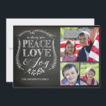 Tarjeta Festiva Moderna Peace Love Joy Chalkboard<br><div class="desc">Tablero de tiza contemporáneo 3 Navidades de fotografía Tarjeta fotográfica de vacaciones con una hermosa tipografía con letras a mano con el dicho "Te deseo paz amor y alegría adornado con flores de hojas dibujadas a mano.</div>
