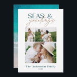 Tarjeta Festiva moderna playa familiar de mar<br><div class="desc">diseño elegante de tarjetas de navidades con una combinación de diseño de letra negrita y guión,  espacio para la foto elegida delante con gráficos de playa y mar al revés</div>