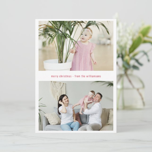 Tarjeta Festiva Moderna, simple, mora roja, Navidad, tres fotos (Anverso de pie)