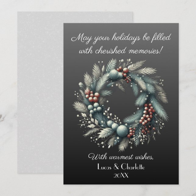 Tarjeta Festiva Moderna Wreath de estilo nórdico, contra el fondo  (Anverso / Reverso)