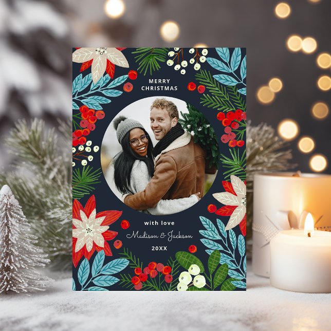 Tarjeta Festiva Moderna y audaz floral Merry Christmas Photo (Modern Bold Floral Merry Christmas Photo Holiday Card)