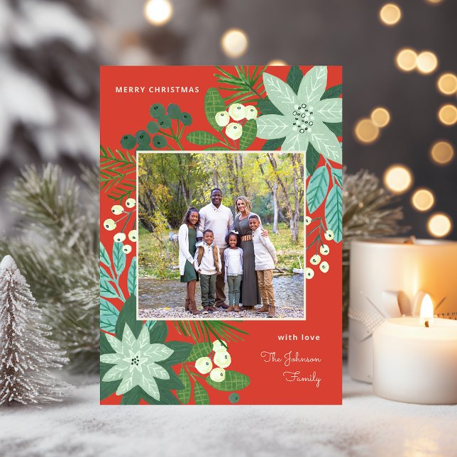 Tarjeta Festiva Moderna y audaz floral Merry Christmas Photo (Modern Bold Floral Merry Christmas Photo Holiday Card)
