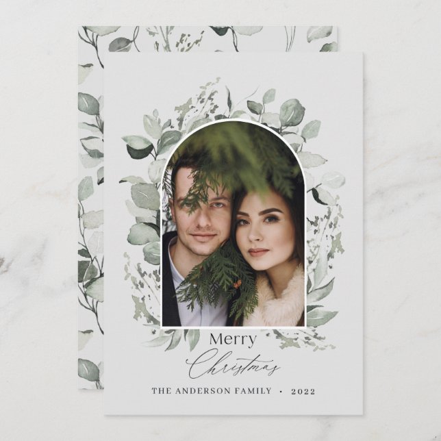 Tarjeta Festiva Moderna y elegante foto de gris verde botánico ho (Anverso / Reverso)