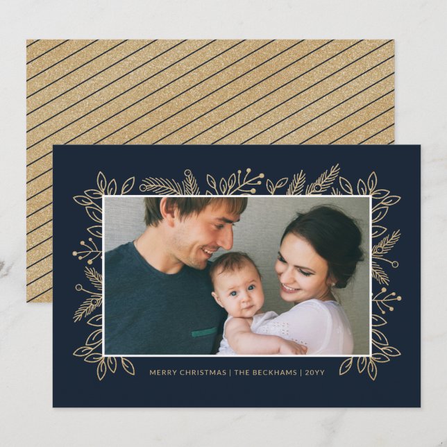 Tarjeta Festiva Moderna y elegante foto de Navidades Purpurinas de (Anverso / Reverso)