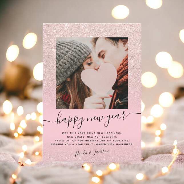 Tarjeta Festiva Moderna y feliz rosa de Año Nuevo purpurina de oro (Modern happy New Year rose gold glitter pink photo Holiday Card)