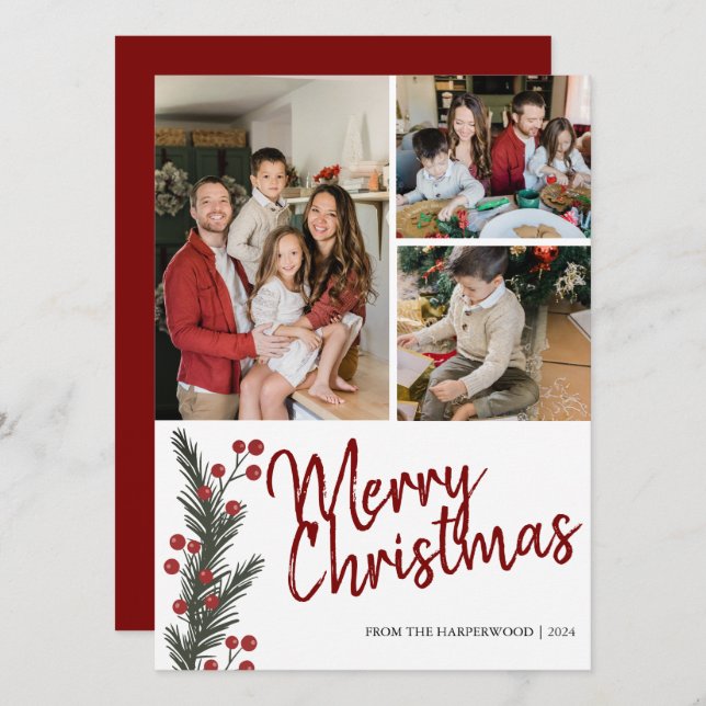 Tarjeta Festiva Moderna y sencilla familia de 4 Navidades de fotog (Anverso / Reverso)