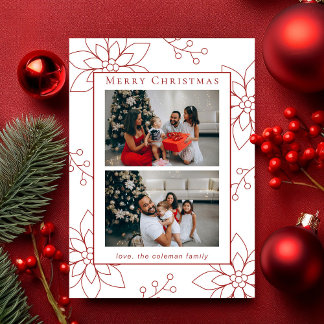 Tarjeta Festiva Moderna y simple poinsettia roja dos fotos
