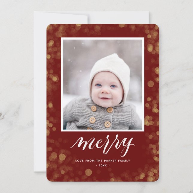 Tarjeta Festiva Modernas copas de nieve de oro rojo Bokeh Foto Min (Anverso)