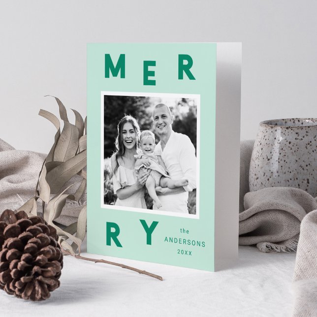 Tarjeta Festiva Modernas letras de merry, pintura y foto verde 2 (Subido por el creador)