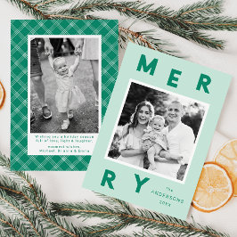 Tarjeta Festiva Modernas letras de merry, pintura y foto verde 2