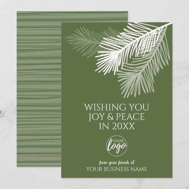 Tarjeta Festiva Modernas ramas de Joy Peace Pine Añadir LOGO - Neg (Anverso / Reverso)