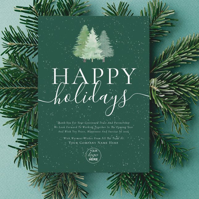 Tarjeta Festiva Modernas vacaciones felices Snowy Woodland Busines (Watercolor snowy woodland Modern happy holiday business logo green christmas card Elegant script)