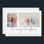 Tarjeta Festiva Moderno 2 Collages de fotos Bebés gemelos Primera<br><div class="desc">Familia 2 Collages de fotos Bebés Dos Primeras Tarjetas de Navidad. Simplemente reemplace las dos fotos de ejemplo con las propias y personalícelas con su saludo y nombres en la parte inferior. Feliz Navidad está en un elegante guión. También disponible como descarga digital imprimible.</div>