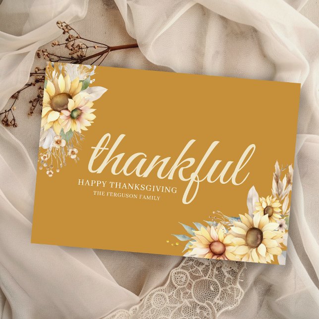 Tarjeta Festiva Moderno Agradecimiento Mínimo Feliz Acción de Grac (elegant minimalist thankful happy thanksgiving cards with watercolor sunflowers and personal message)