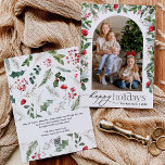 Tarjeta Festiva Moderno Arco Botánico Felices Fiestas 1 Foto<br><div class="desc">Esta colección cuenta con flores de color agua rojo,  bayas y vegetación de invierno con tipografía moderna y elegante,  con un patrón botánico de invierno.</div>