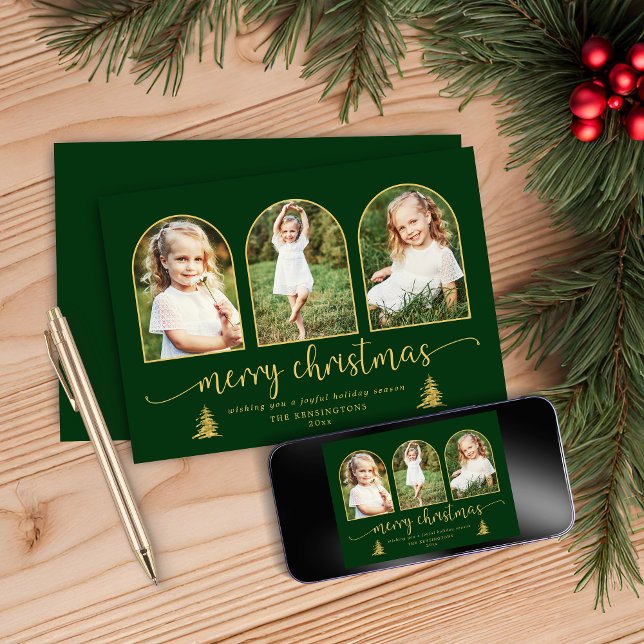 Tarjeta Festiva Moderno Arco de Oro 3 Navidades de fotografía (Modern Gold Tree Arch 3 Photo Christmas Holiday Card)