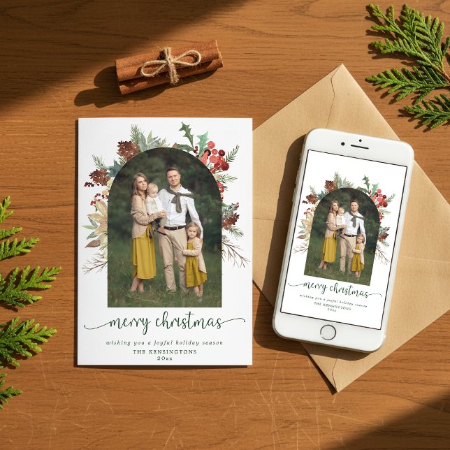 Tarjeta Festiva Moderno Arco de Verdor Fotos navideñas (Modern Greenery Arch Merry Christmas Photo Holiday Card with Instant Download Option)