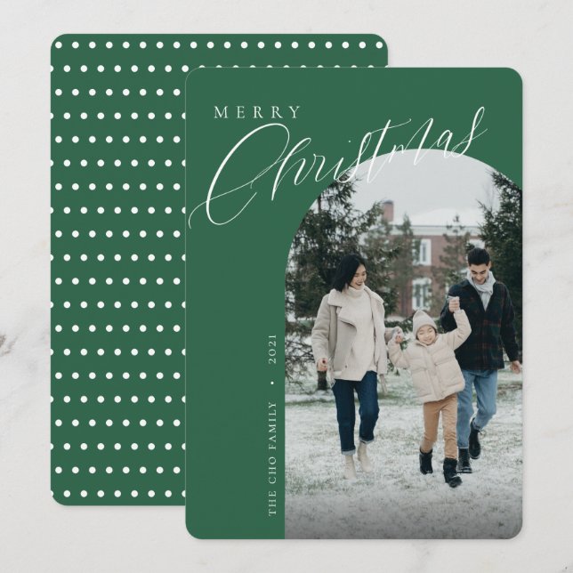 Tarjeta Festiva Moderno Arco verde navideño navideño enmarcado fot (Anverso / Reverso)