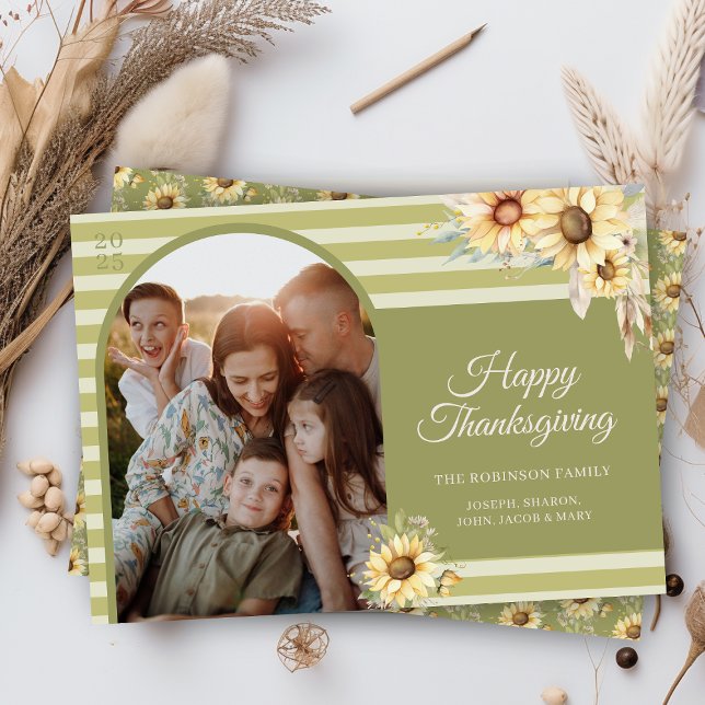 Tarjeta Festiva Moderno Arco Verde Sunflowers Feliz Día de Acción  (elegant modern chic green arch theme sunflower happy thanksgiving cards with photo and message)