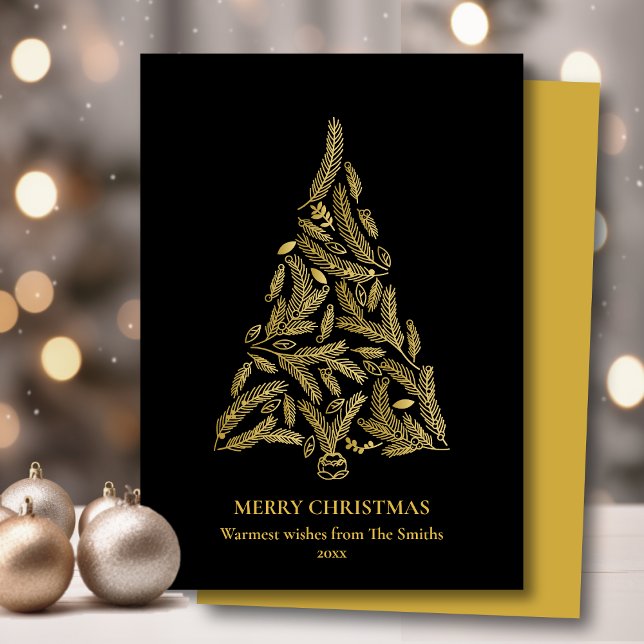 Tarjeta Festiva Moderno Black Elegant Gold Pine Bough Tree Simple (Subido por el creador)