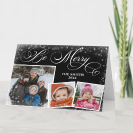Tarjeta Festiva Moderno Black Elegant Script Snowflakes Bokeh Flar