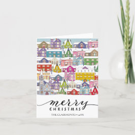 Tarjeta Festiva Moderno Black Script MERRY Winter Town Minimalista