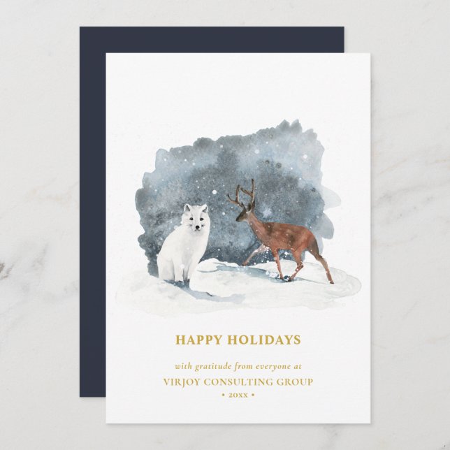 Tarjeta Festiva Moderno Blue Gold Script Arctic Winter Business (Anverso / Reverso)