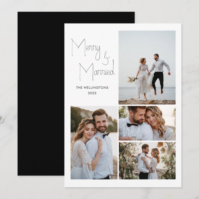 Tarjeta Festiva Moderno Boda de guiones mínimos y multifoto (Anverso / Reverso)