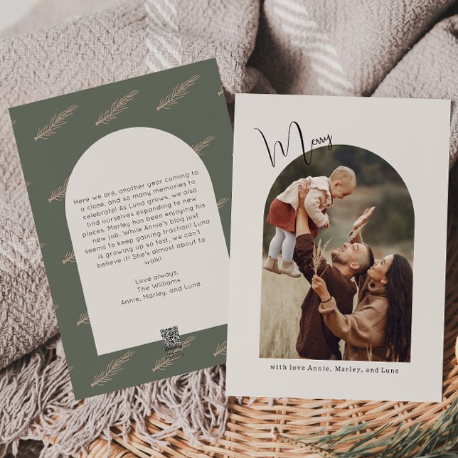 Tarjeta Festiva Moderno Boho Arch Green Merry One Photo (Subido por el creador)