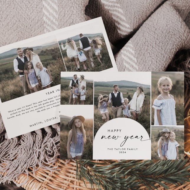 Tarjeta Festiva Moderno Boho Arch Multi Photo Family News Años nue (Subido por el creador)