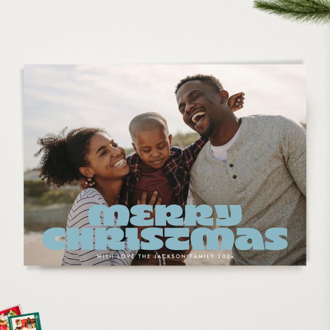 Tarjeta Festiva MODERNO BOLD Merry Script Retro Photo Blues (Subido por el creador)