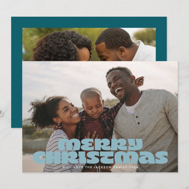 Tarjeta Festiva MODERNO BOLD Merry Script Retro Photo Blues (Anverso / Reverso)