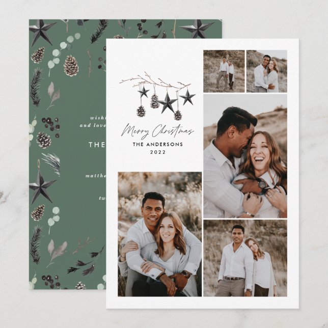 Tarjeta Festiva Moderno botánico elegante verde blanco elegante (Anverso / Reverso)