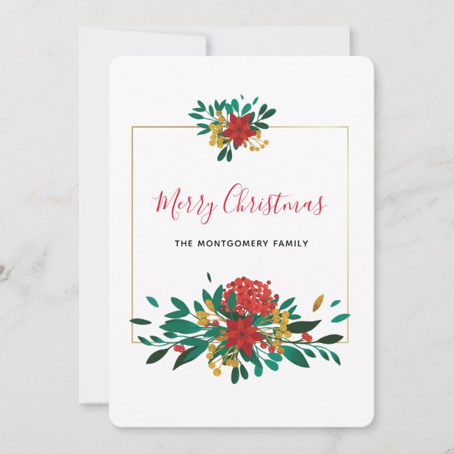 Tarjeta Festiva Moderno Bouquet de Navidades verdes y dorados rojo (Anverso)