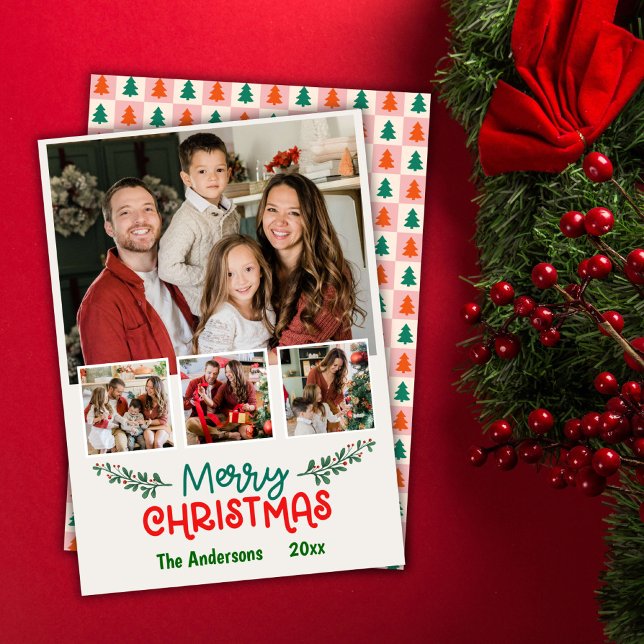 Tarjeta Festiva Moderno collage de fotos de 4 Navidades lindos y s (Front/Back )