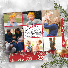 Tarjeta Festiva Moderno Collage de fotos de guion rojo con copos d