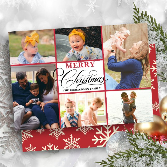 Tarjeta Festiva Moderno Collage de fotos de guion rojo con copos d (Subido por el creador)