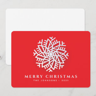 Tarjeta Festiva Moderno copo de nieve blanco elegante en rojo