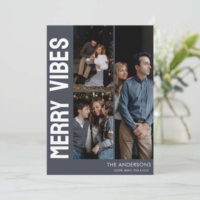 Tarjeta Festiva Moderno de moda 3 fotos con vibraciones merry (Anverso de pie)