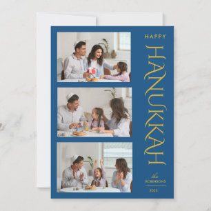 Tarjeta Festiva Moderno Elegante 3 Collages de fotos Azul Oro Hanu