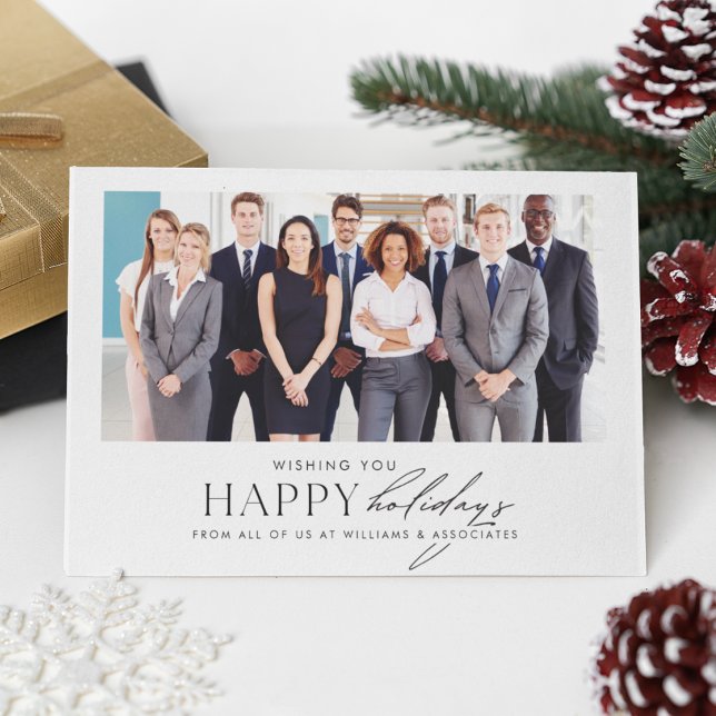 Tarjeta Festiva Moderno equipo profesional empresarial (Corporate holiday card with business team photo and Happy Holidays message.)