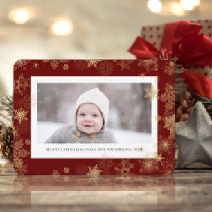 Tarjeta Festiva Moderno estilo rojo elegante guión copos de nieve 